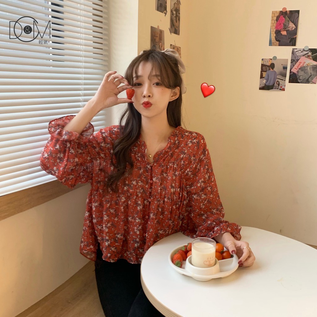 Áo Sơ Mi Dài Tay Họa Tiết Hoa Xinh Xắn Theo Phong Cách Retro Hàn Quốc