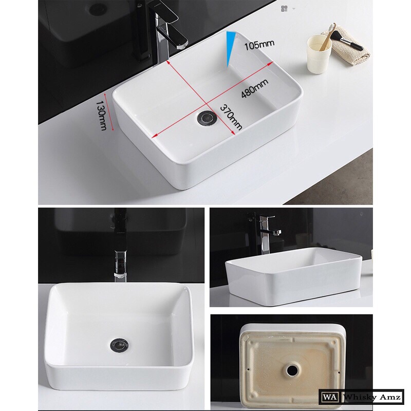 Chậu lavabo vuông đặt bàn tặng kèm si phông thoát chậu