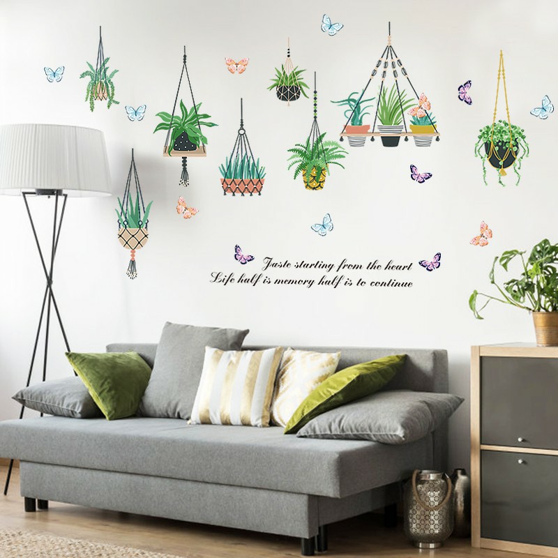 Decal dán tường trang trí phòng khách, phòng ngủ- Giỏ Hoa tam giác treo tường