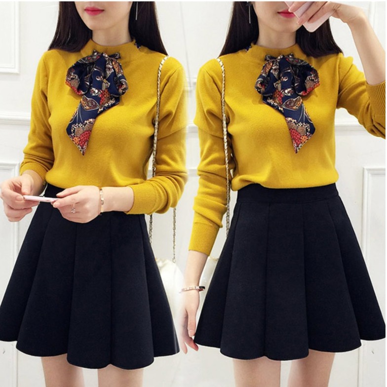 Áo Len Nữ Cổ Tròn Công Sở Cao Cấp Phối Khăn Họa Tiết Hoa Thắt Nơ Hàn Quốc SAVVY Sweater