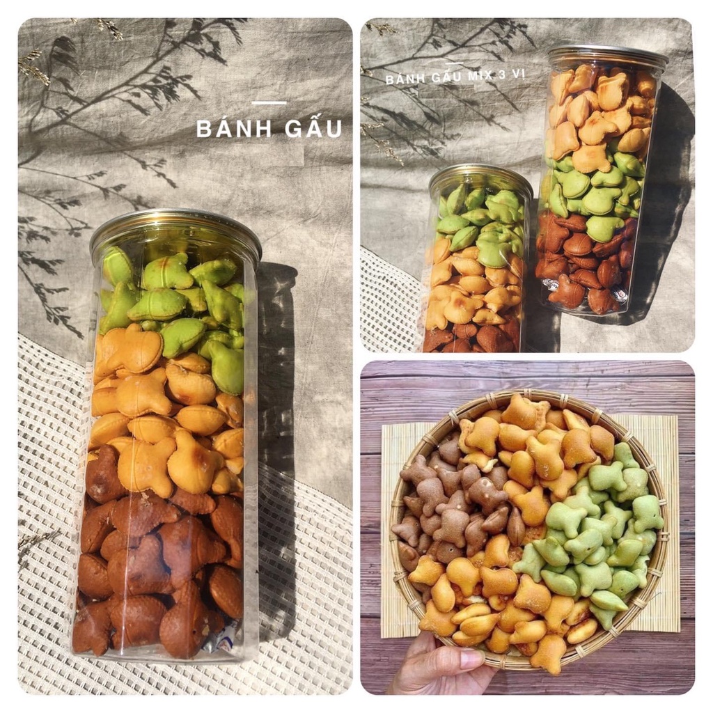 Bánh gấu nhân kem mix 3 vị Cobi Food hũ pet 400g đồ ăn vặt thơm ngon, béo ngậy 3 vị kem truyền thống, chùm ngây, socola