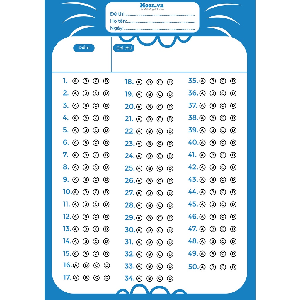 Phiếu trắc nghiệm - Giấy trả lời trắc nghiệm tô đáp án bài thi THPT Quốc gia Moonbook