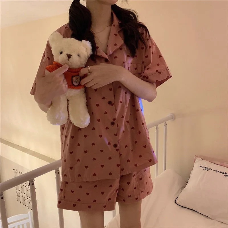 Bộ Đồ Mặc Nhà Pyjama, Quần Áo Ngủ Nữ Hoạ Tiết Trái Tim Hồng Chất Liệu Cotton Hàn Co Dãn Thoải Mái Phong Cách Hàn Quốco