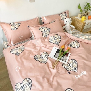 Set chăn ga gối cotton poly nhập mẫu tim kẻ hồng