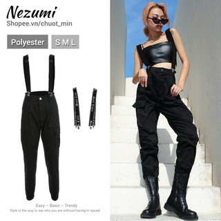 Quần yếm jogger kèm dây đai kẹp cá tính full đen