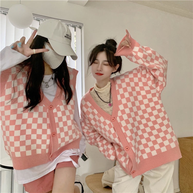 Áo khoác cardigan dệt kim họa tiết bàn cờ mới năm 2021