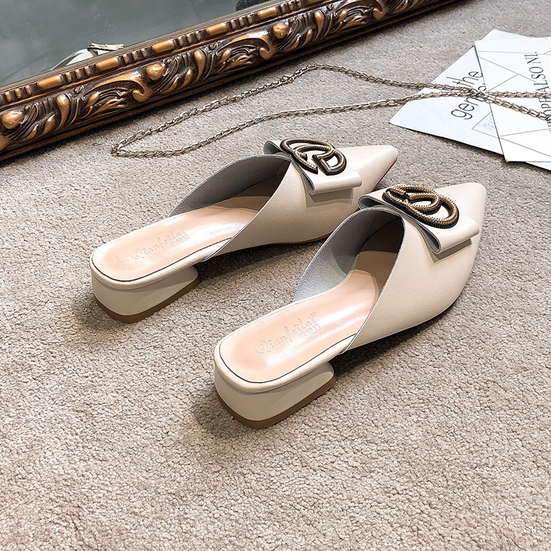 ◐㍿✳Half slippers female 2021 New pointed leather sandals for summer wear fashionable cowhide thick heel mid-heel Baotou single shoes