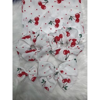 Scrunchies chun buộc tóc vải kẹp mái kẹp nơ trái cherry đỏ