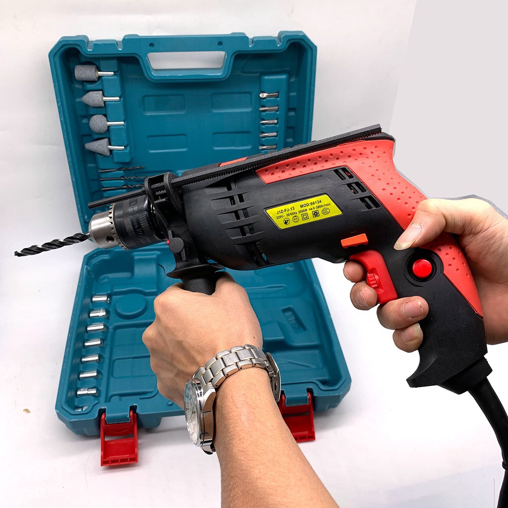 Khoan điện cầm tay 30 chi tiết gồm máy + nhiều mũi khoan công suất lớn 2000W