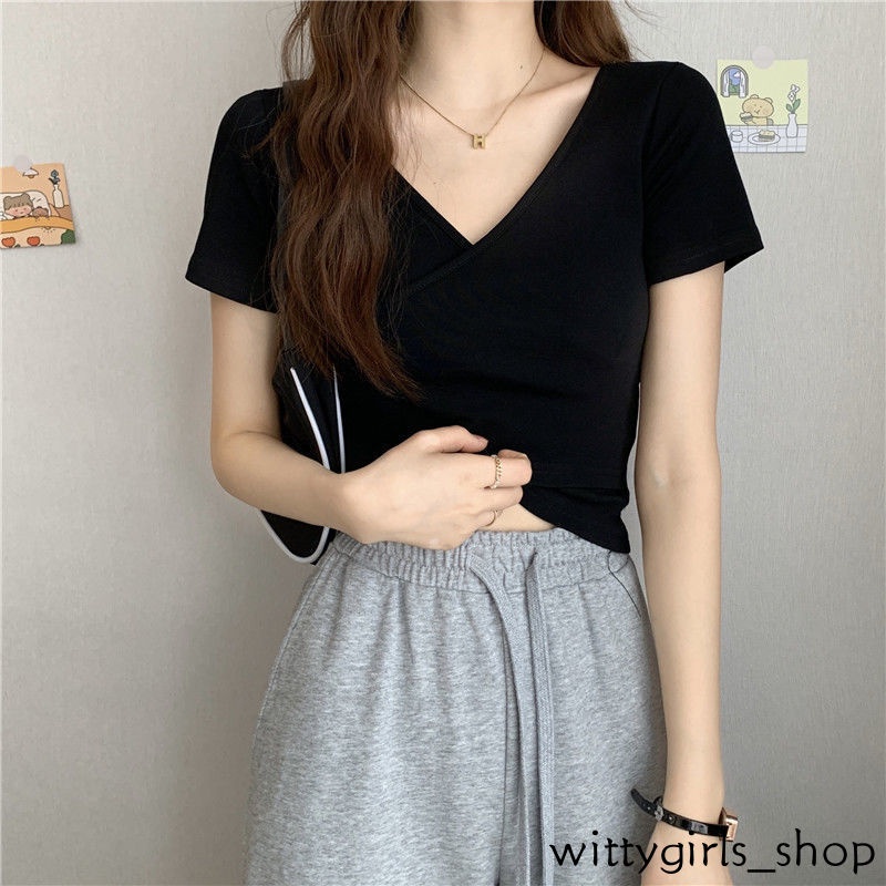 Áo Thun Lửng Tay Ngắn Vạt Chéo Màu Sắc Thời Trang Dành Cho Nữ