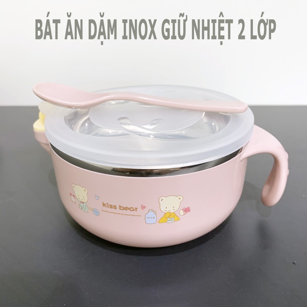Bát ăn Dặm  Có Tay Cầm Nắp Đậy Kèm Thìa Muỗng, Chén ăn cháo, Bát Ăn Cơm Inox 2 lớp Cách Nhiệt Cho Bé