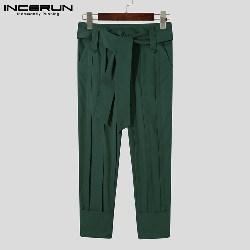 Quần Harem INCERUN dáng rộng eo cao màu trơn có thắt lưng buộc phong cách retro thời trang cho nam