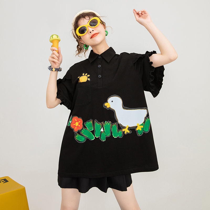 Áo polo Màu Đen Tay Ngắn Ống Loe Bằng cotton In Họa Tiết Hoạt Hình