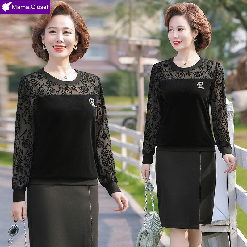 #D203 ÁO NHUNG CỔ VÀ TAY REN HOA SANG TRỌNG CHO MẸ, ÁO CHO NGƯỜI TRUNG NIÊN SALE CỰC LỚN 2021