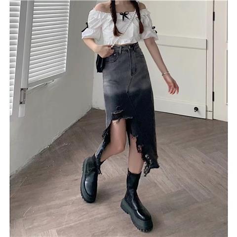 COZOK Chân váy jean Lưng Cao Màu Gradient Thiết Kế Xẻ Tà Xinh Xắn