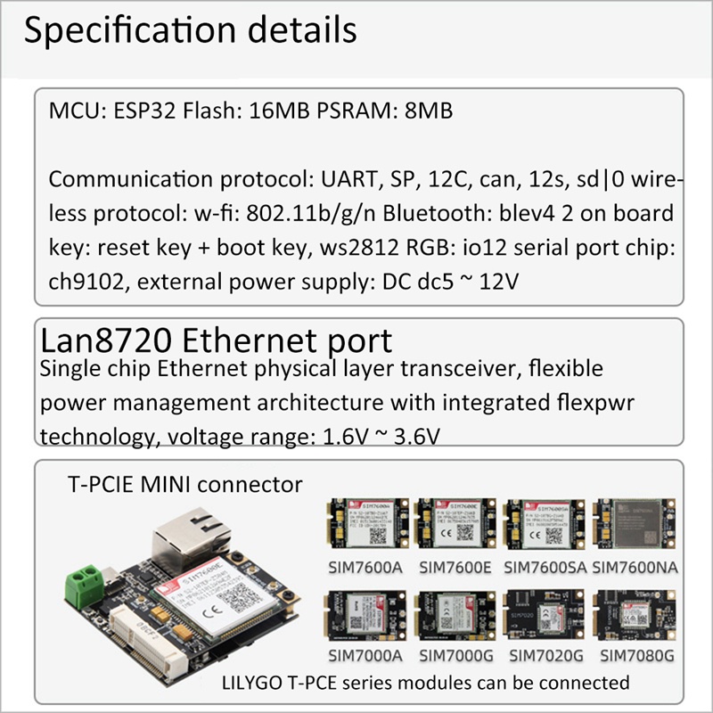 Bảng Mạch Wifi Bluetooth T-Internet-COM ESP32 Dành Cho T-PCIE Ethernet IOT ule Với Khe Cắm Thẻ SIM TF Type-C