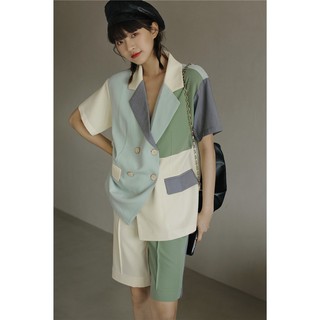 Set bộ suit áo blazer ngắn tay quần lửng phối 2 màu độc đáo (có hình thật)
