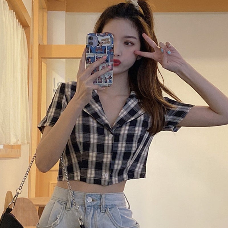 Áo croptop sơ mi cổ vest kẻ caro cao cấp ( Kèm Video)