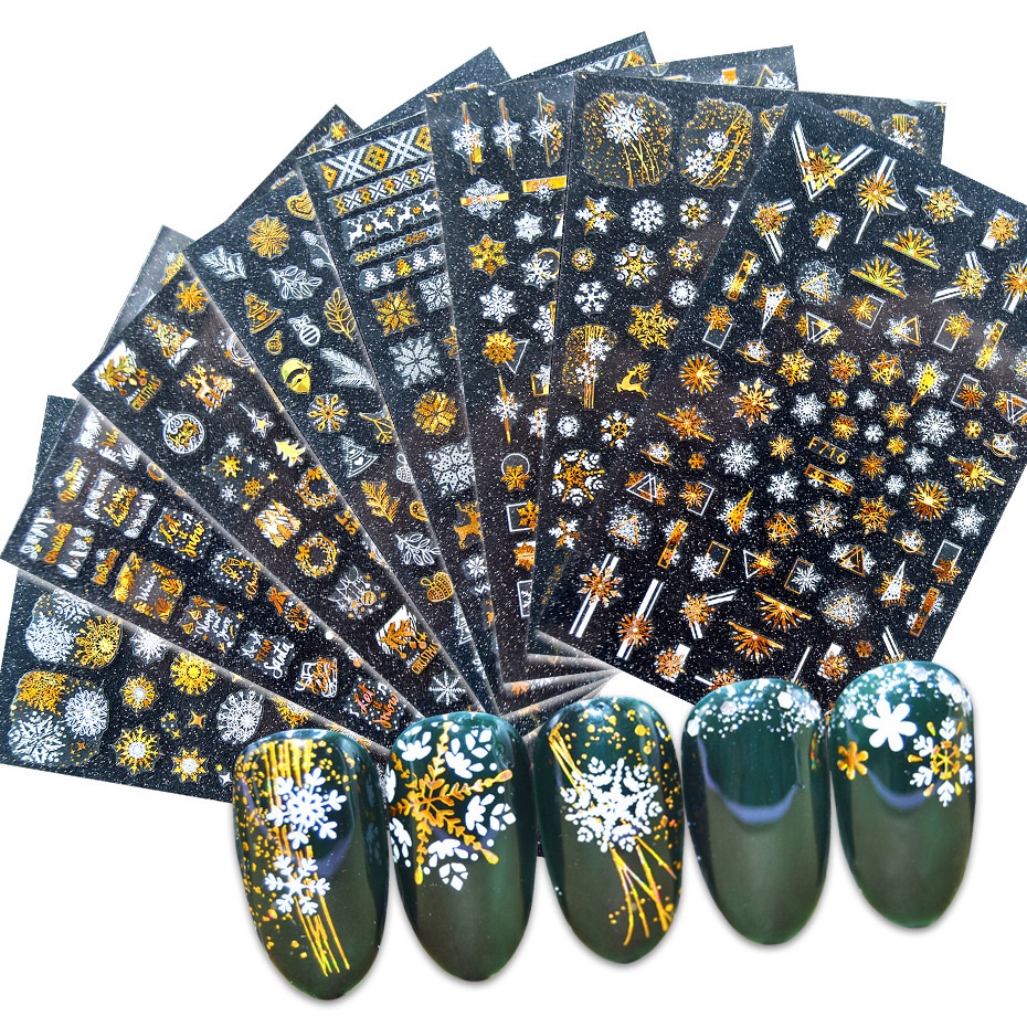 [Hàng mới về] Tờ miếng dán móng tay nghệ thuật họa tiết hình học bông tuyết 3D màu sắc lấp lánh trang trí giáng sinh