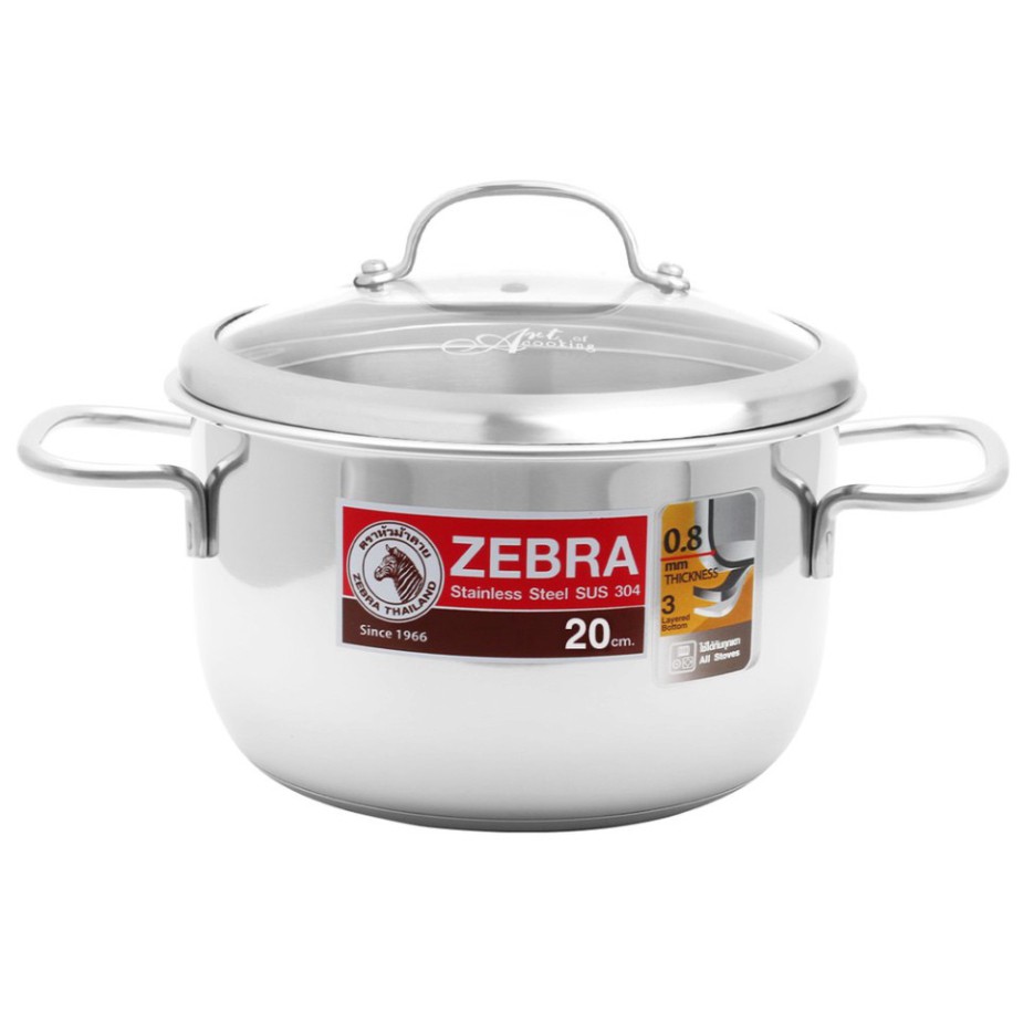 Nồi Zebra nắp kính Inox 304,  Nhập Khẩu Thái Lan 18cm / 20cm / 22cm , 3 đáy dùng được bếp từ , hồng ngoại , gas