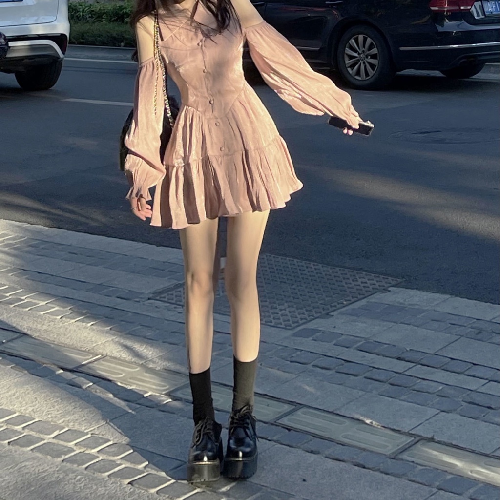 [Happy Department Store]Bán trước Đầm dài tay cổ polo ôm dáng kiểu Pháp thời trang mùa thu mới