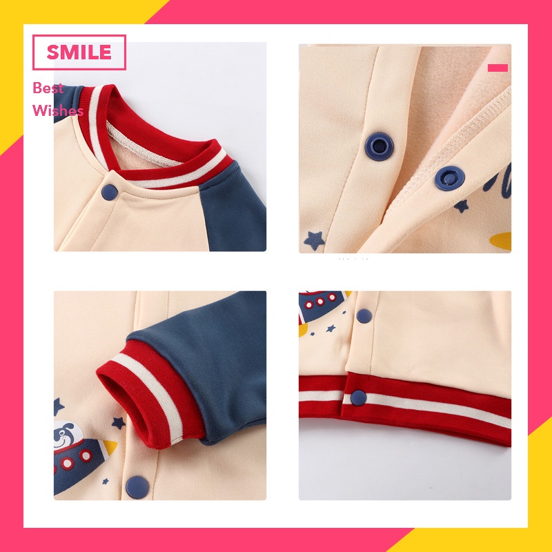 Áo khoác bóng chày LUCKYCANDY vải lông cừu dày tay dài in họa tiết hoạt hình thời trang cho bé 1-7 tuổi