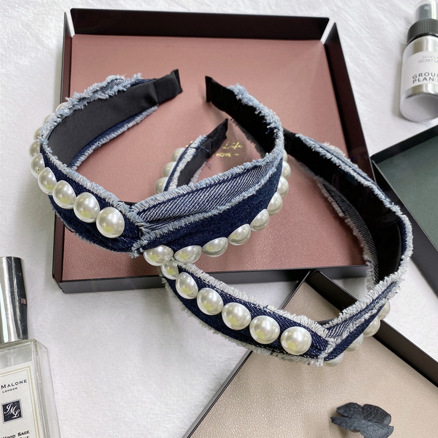 Cài Tóc Vải Denim Thắt Nút Đính Ngọc Trai Phong Cách Hàn Quốc