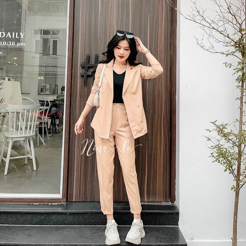 Sét bộ áo vét ống tay dài phối quần dài siêu thanh phong cách thời trang 2 màu nure và đen mặc cực kì tôn dáng