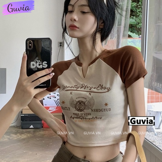 Áo Croptop Ôm Body Nữ AGREATLY Cổ Tròn Tay Ngắn, Áo Thun Croptop Kiểu Sexy In Họa Tiết GUVIA CR63