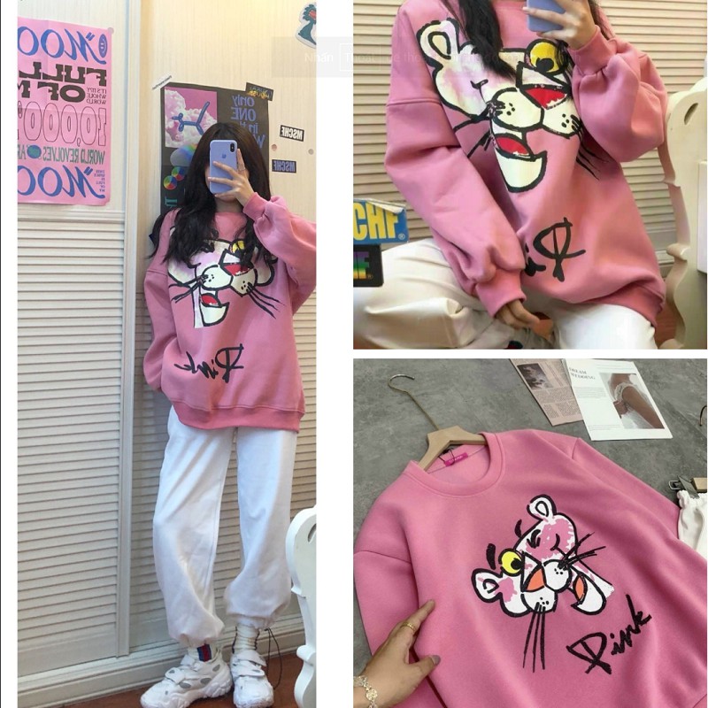 Áo khoác SWEATER báo hồng form rộng tay phồng chui đầu Hàn Quốc nam nữ VIVU123STORE SWE008