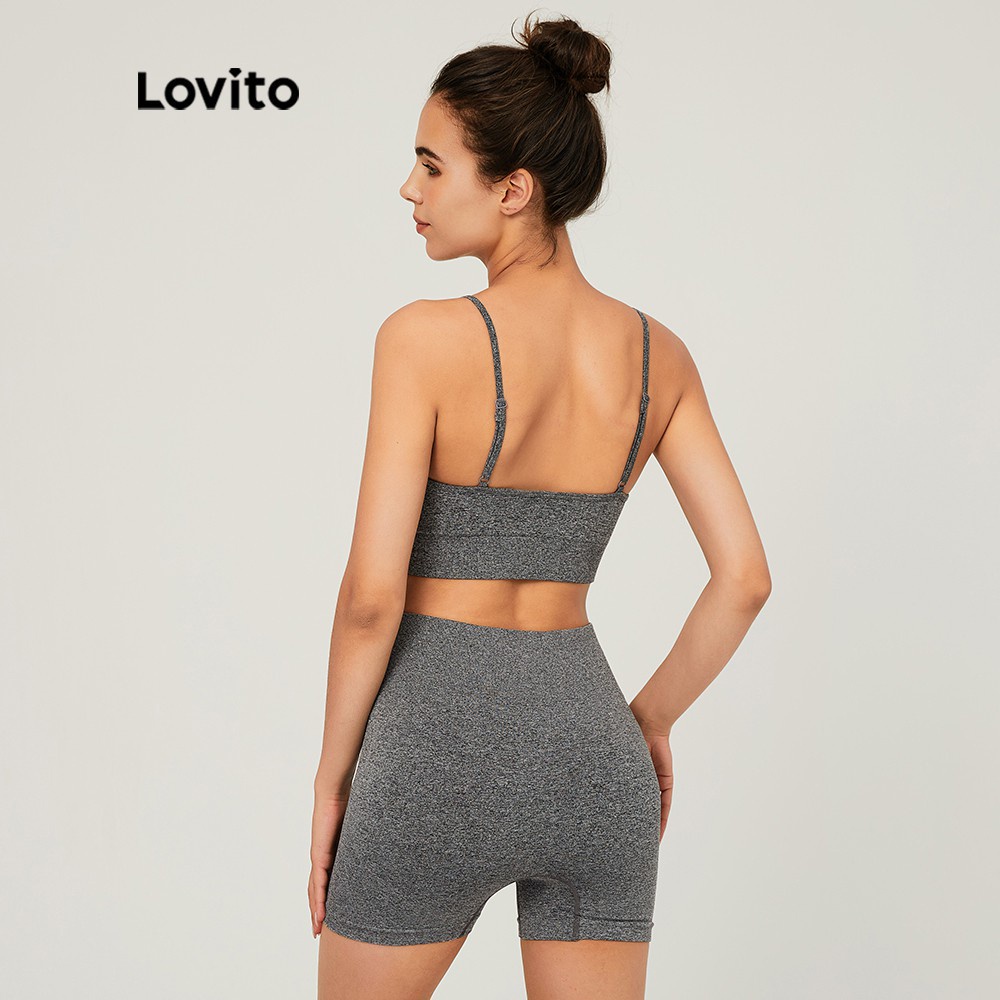 Bộ đồ thể thao Lovito ôm dáng màu trơn cổ tròn không tay co giãn phong cách cơ bản L03112 (màu xám)