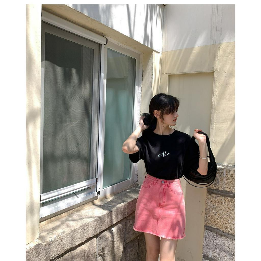 Áo Thun Cotton Cổ Tròn Dáng Rộng In Logo Ngôi Sao Kim Loại Nặng 250g Phong Cách Mới Cho Nữ