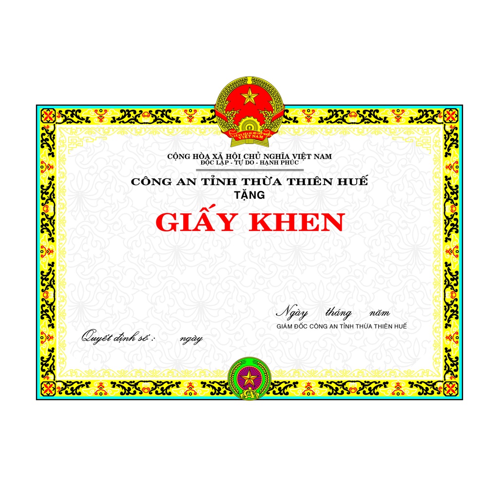 Giấy khen của cơ quan công an, giấy in rẻ, bền đẹp có ép plastic (mẫu 2)