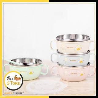 [MỞ KHO SỈ BÁN LẺ] Bát inox kèm thìa cách nhiệt có tay cầm chống nóng, Bát ăn cho bé