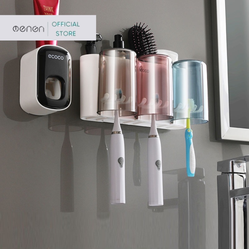 Bộ kệ dán tường để Đồ Phòng Tắm OENEN Thông Minh Chất Liệu ABS ECOCO Cao Cấp kèm Bộ Nhả Kem Đánh Răng Oenon