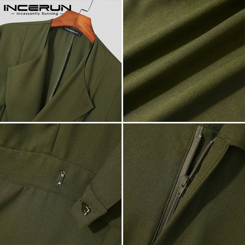 Áo liền quần Incerun tay ngắn cổ bẻ có khóa kéo phong cách thường ngày cho nam