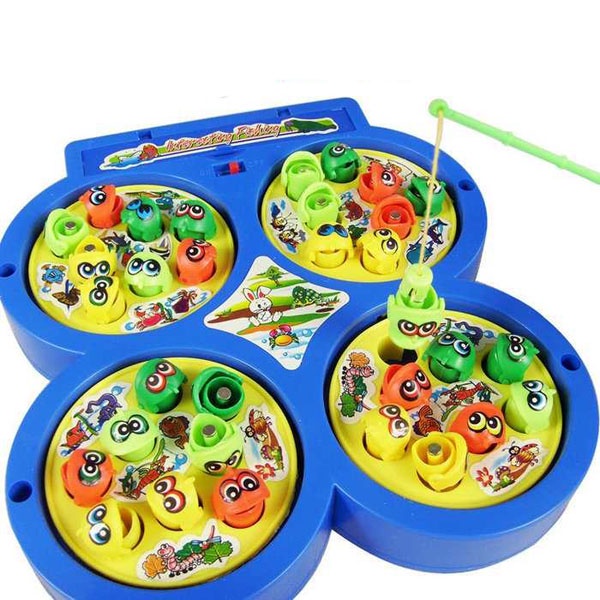 Đồ chơi câu cá nam châm 4 hồ, 32 cá 4 cần câu phát nhạc xoay 360 độ chạy pin AA chất liệu nhựa an toàn