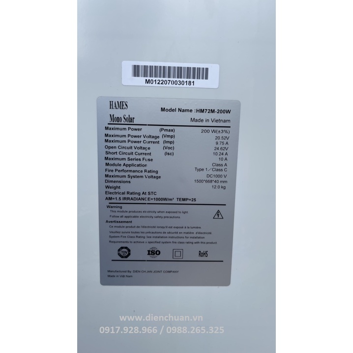 Tấm pin năng lượng mặt trời Mono 200W 20V hiệu xuất cao