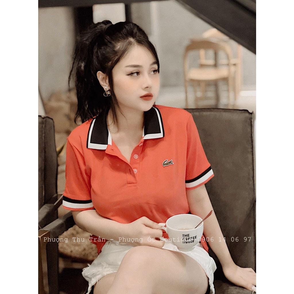 ÁO POLO NỮ CÁ SẤU MÀU CAM PHỐI CỔ ĐEN CHO NỮ