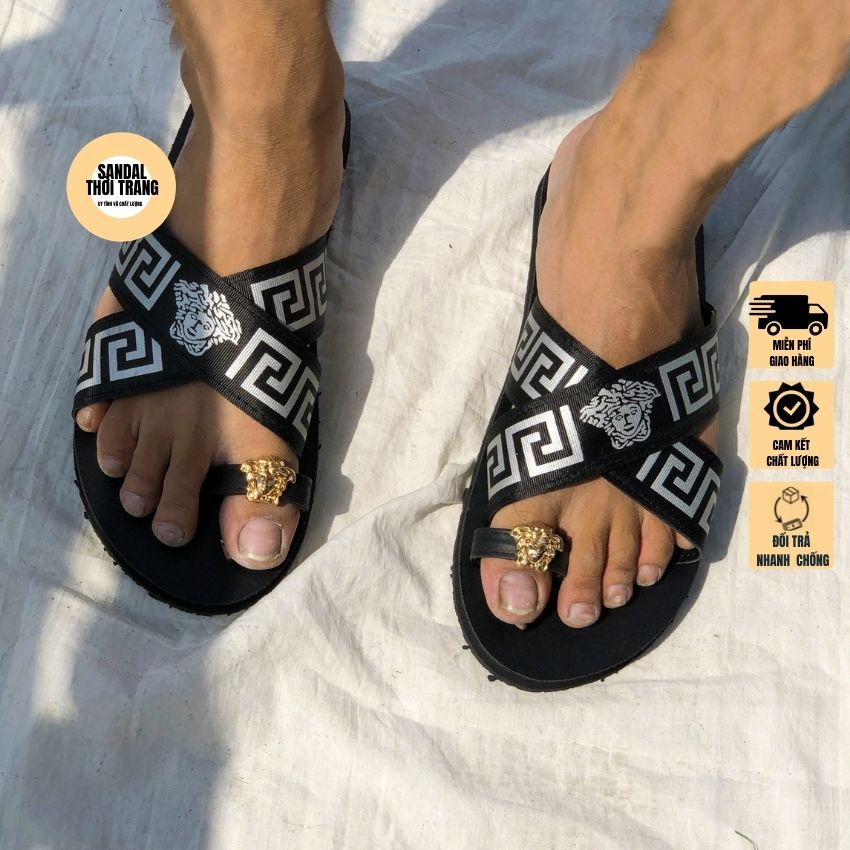 Dép sandal xỏ ngón quai chéo nam nữ, Dép sỏ ngón [ẢNH THẬT 100%] đế đen, da Pu cao cấp full size 30-44 SANDALTHOITRANG