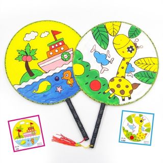Quạt lụa có in hình 24 cm cho bé tô màu, quạt tròn