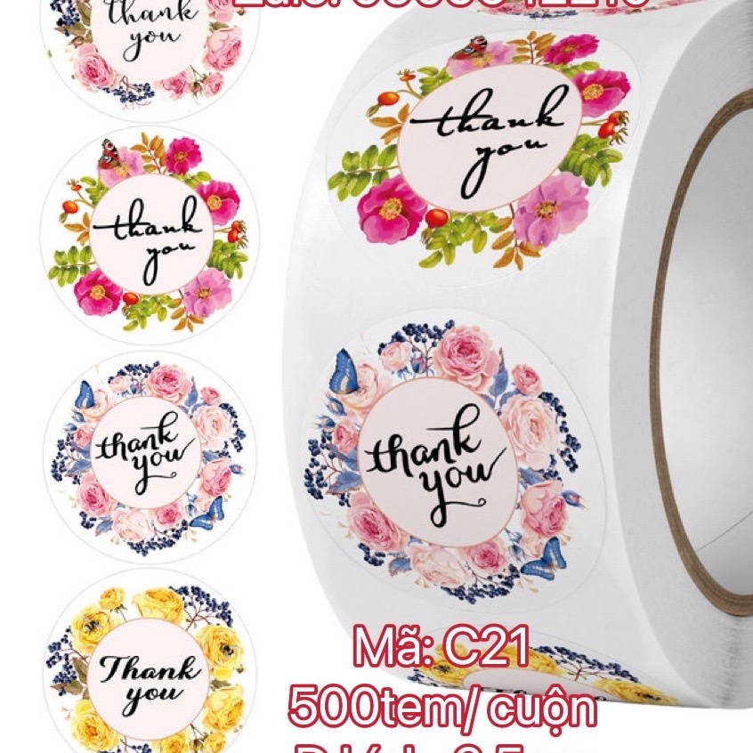 TEM01_STICKER-Tem chữ " Thank you"  SIZE  2.5CM, 500TEM/CUỘN- NHIỀU MẪU ĐẸP