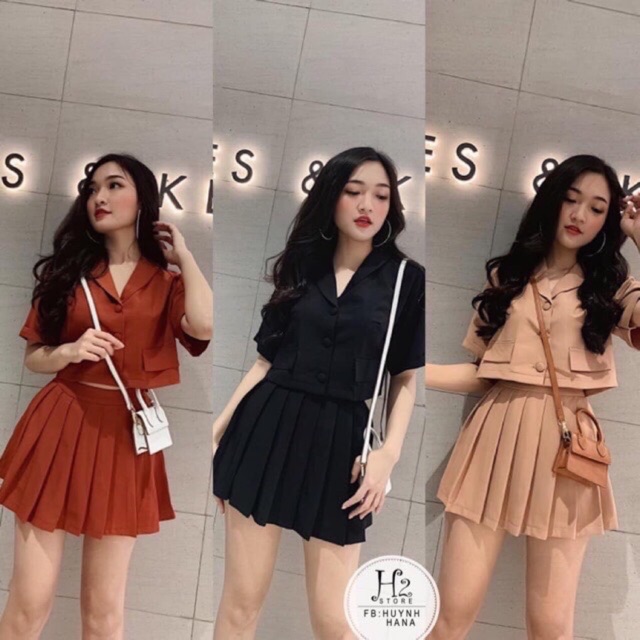 Set vest + chân váy xếp li bigsize