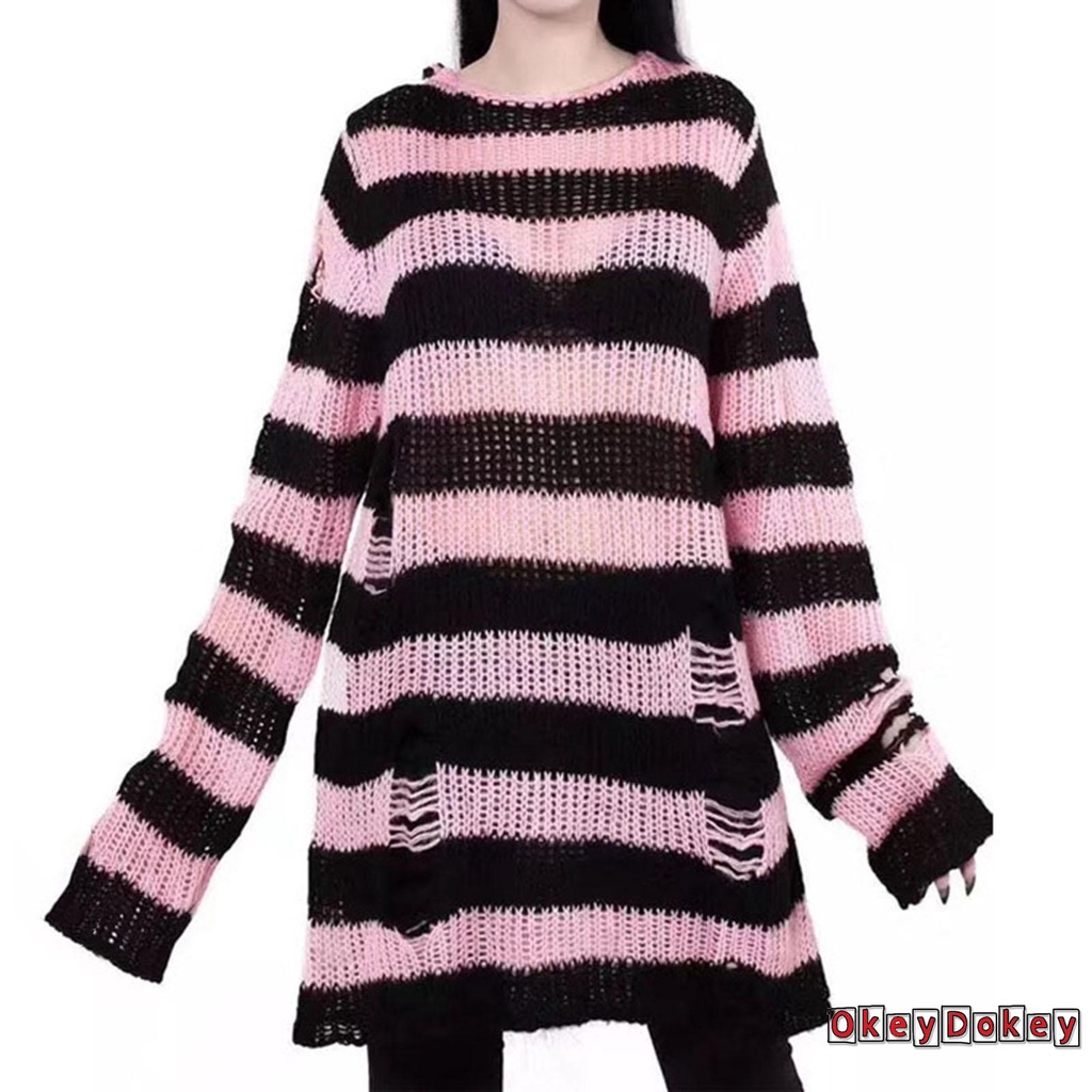 Áo len tay dài cổ tròn họa tiết kẻ sọc màu sắc thời trang cho nữ