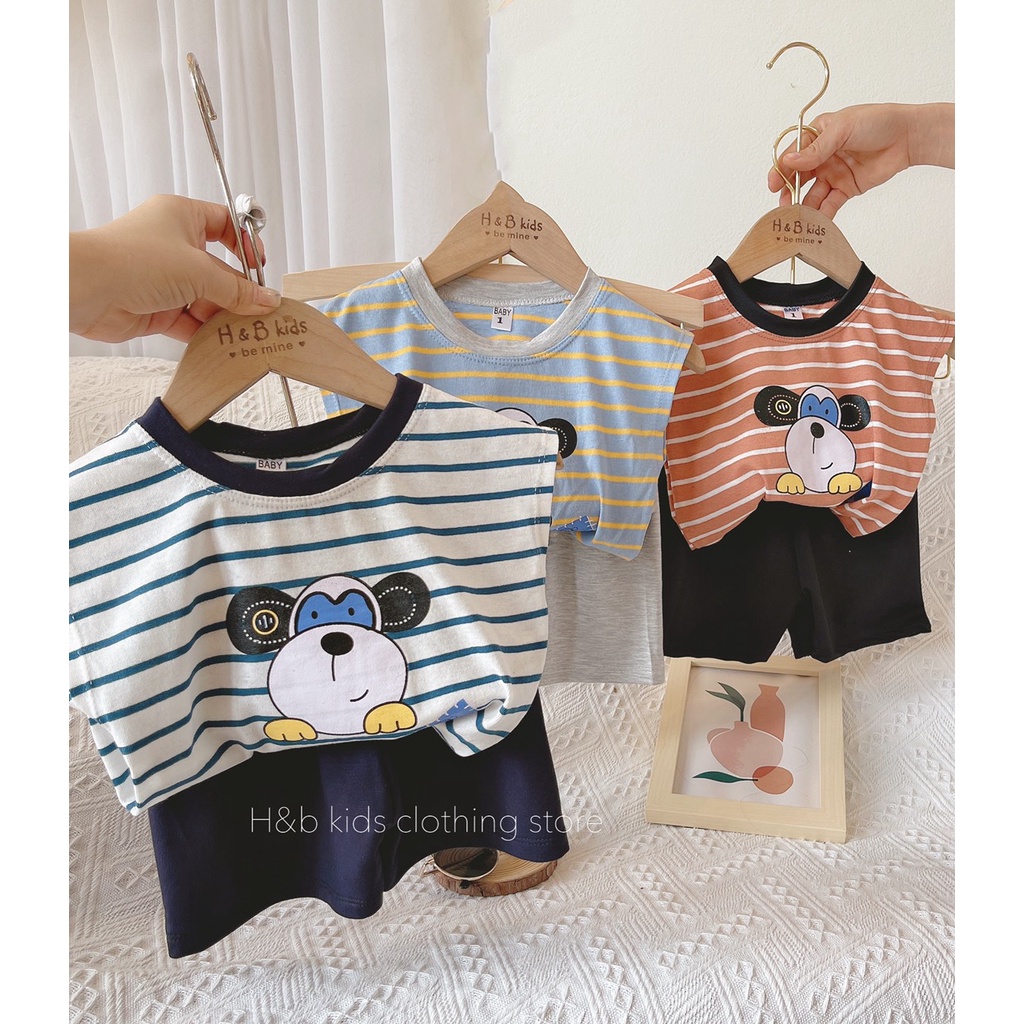 Bộ Đồ Cộc Tay Bé Trai 10-20kg Chất Cotton Hoa Tiết Kẻ Ngang In Hình Con Vật, Set Ba Lỗ Bé Trai Mặc Hè - AN.KID