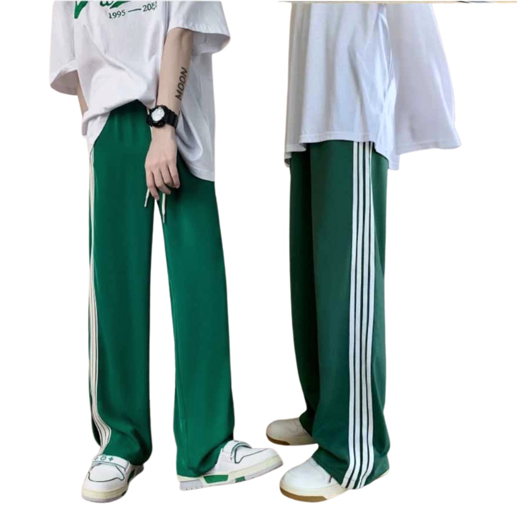 Quần Thể Thao Nam Nữ 4 Sọc Ống Rộng Suông- Chất nỉ bông mền mại Chống nhăn Không Xù Lông Màu Xanh Ve Chai