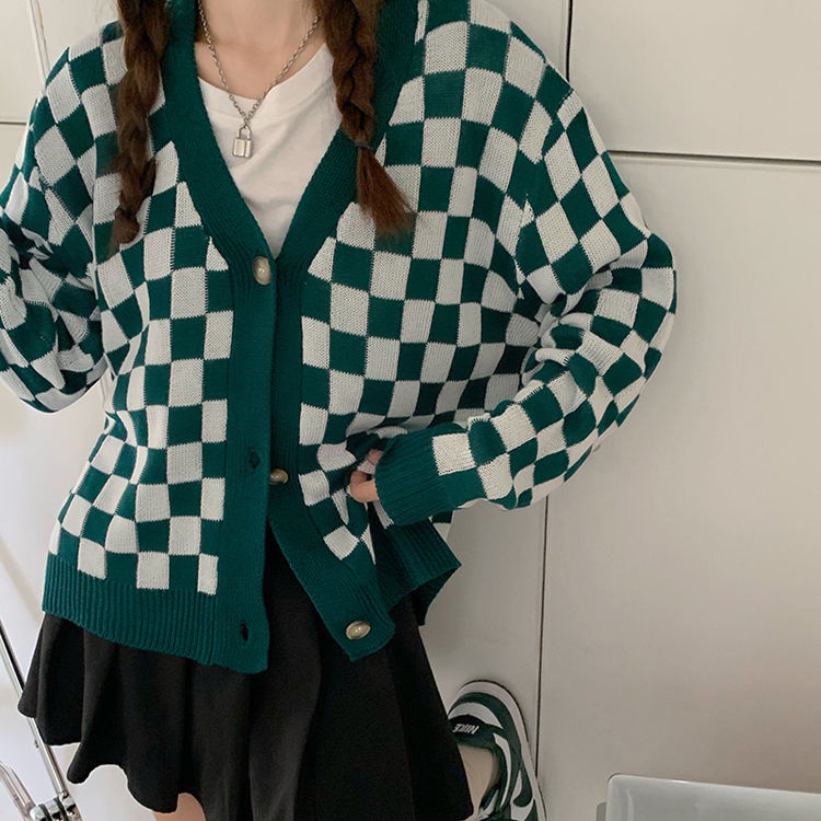 Áo khoác cardigan dệt kim họa tiết bàn cờ mới năm 2021