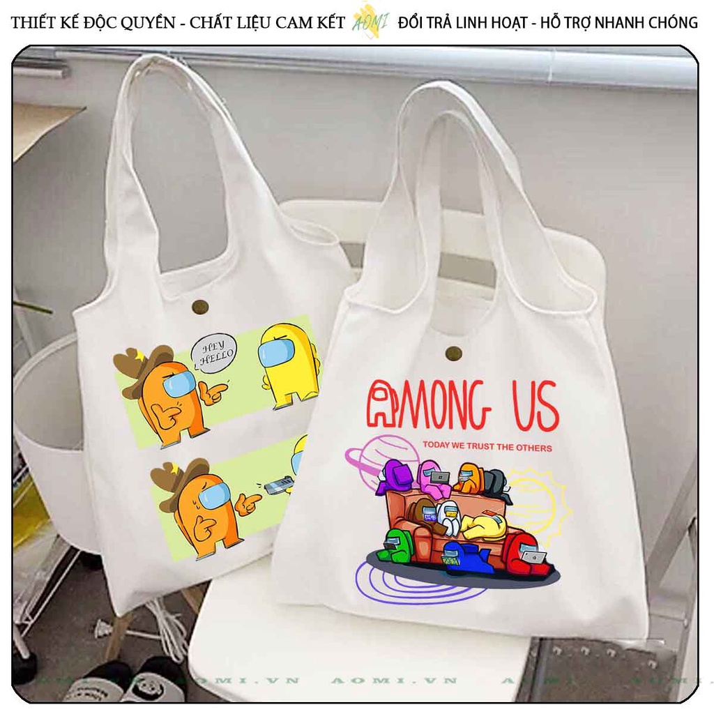 TOTE CANVAS AMONG US GAME FORM TRÒN TÚI VẢI ĐEO VAI BAG NÚT BẤM SIZE LỚN AOMIVN DU LỊCH  MÀU ĐEN TRẮNG