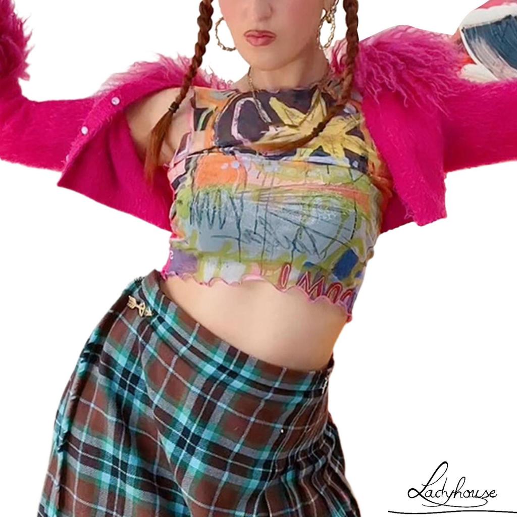 Áo Croptop Không Tay Cổ Tròn In Họa Tiết Hoạt Hình Thời Trang Mùa Hè Cho Nữ