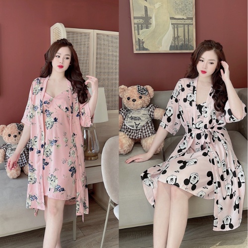 Đồ Ngủ Đầm Gợi Cảm Không Có Mút Ngực Kèm Áo Choàng Sexy, Váy Ngủ Chất Liệu Lụa Mango Siêu Sang, Đồ Pijama Ngủ Nữ